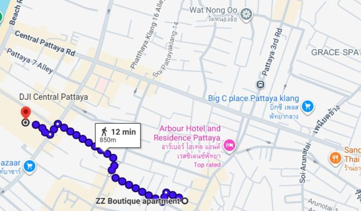 Google Maps walking route from ZZ Boutique Apartment to Central Pattaya