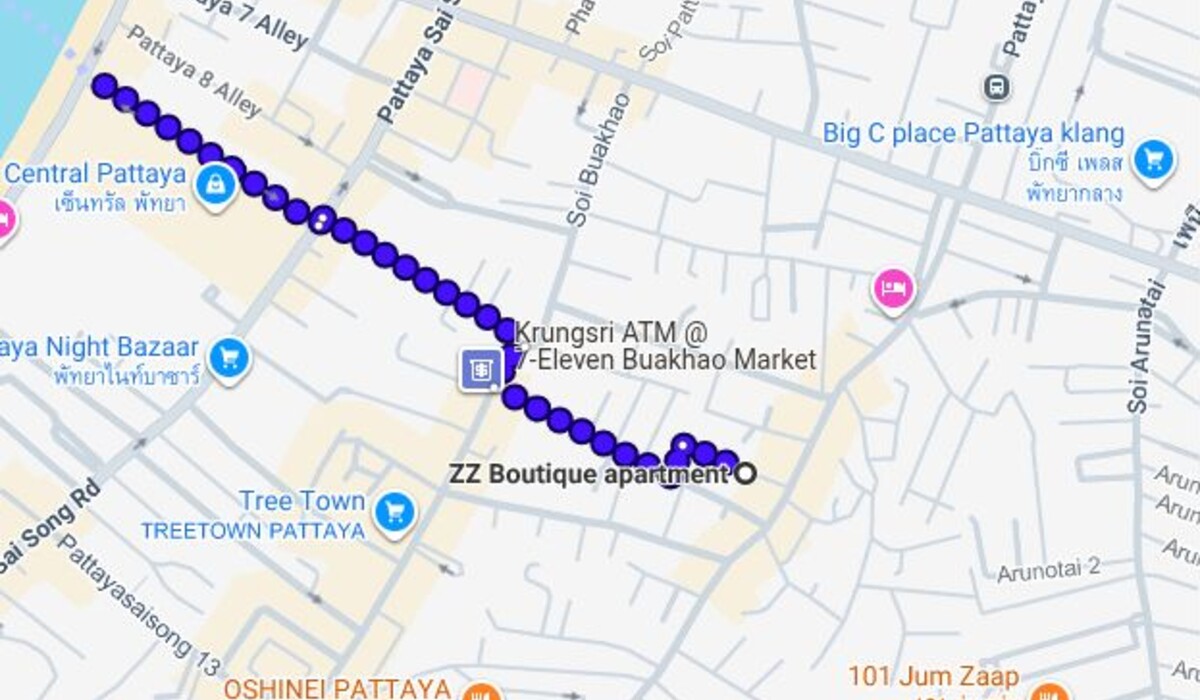 Google Maps walking route from ZZ Boutique Apartment to Pattaya Beach